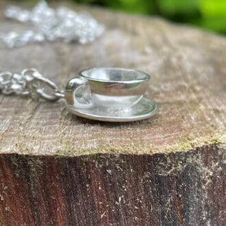 Silver coffee tea cup and saucer pendant on belcher chain