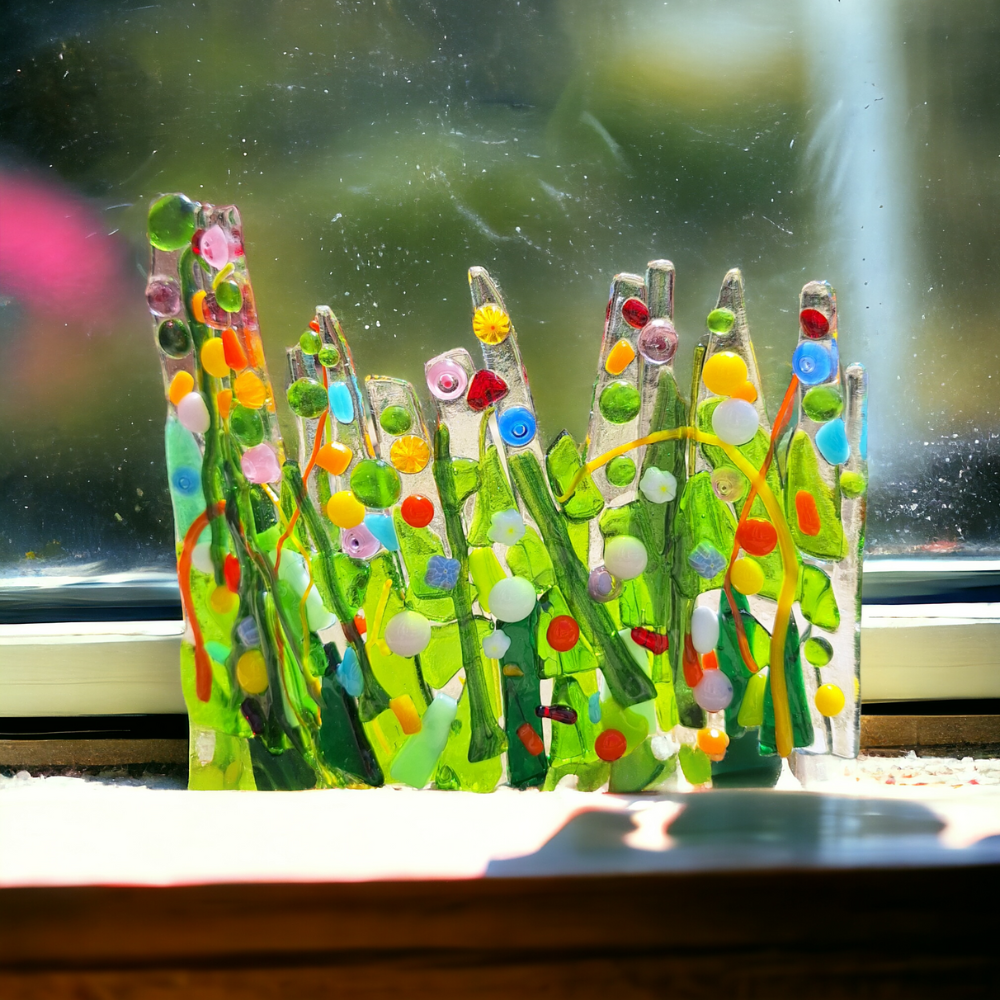 A close-up photo of a handmade fused glass wave sculpture. The wave is made of clear glass with streaks of blue and green coloured glass throughout. It has multi-coloured glass pieces resembling flowers decorating the top and is curved. The fused glass wave sits upright on a flat surface and measures approximately 16 cm long and 12 cm tall.