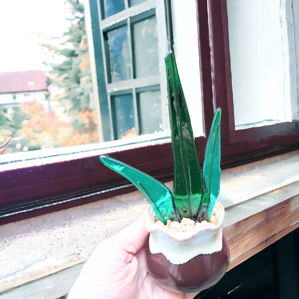 A close-up photo of a handmade fused glass snake plant in a ceramic pot. The snake plant is made of green glass and has a long, upright form with vertical stripes. The ceramic pot is white and measures 5 cm high and 6 cm wide. The fused glass snake plant is 11 cm tall and 8 cm at its widest.