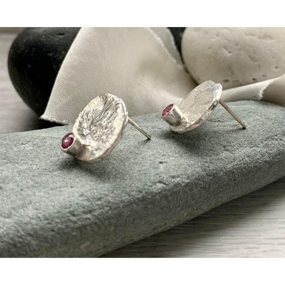 ruby stud earrings organic texture recycled silver