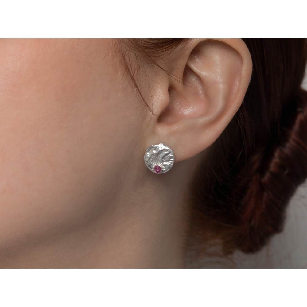 ruby studs recycled silver organic texture