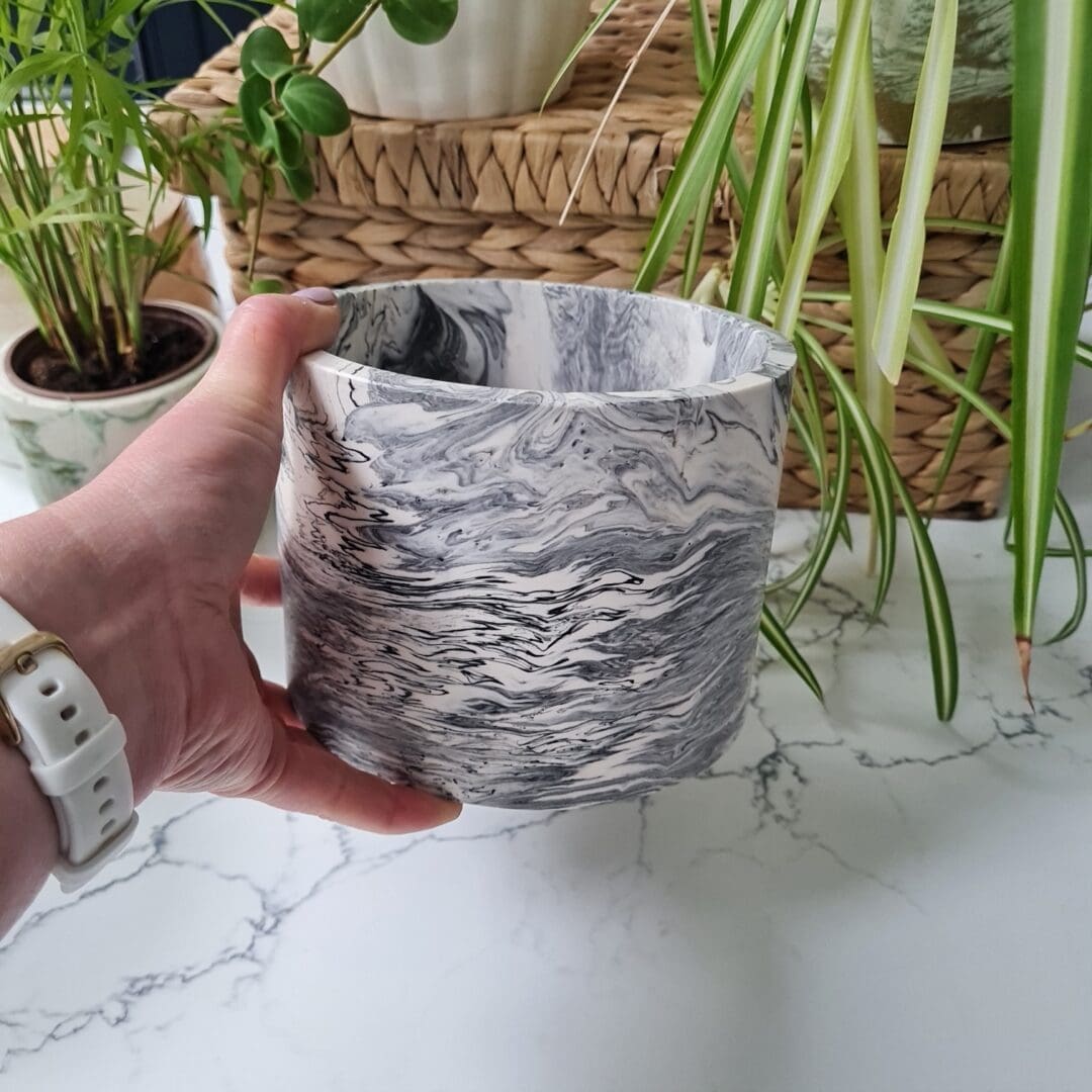 Black and white marble effect indoor planter