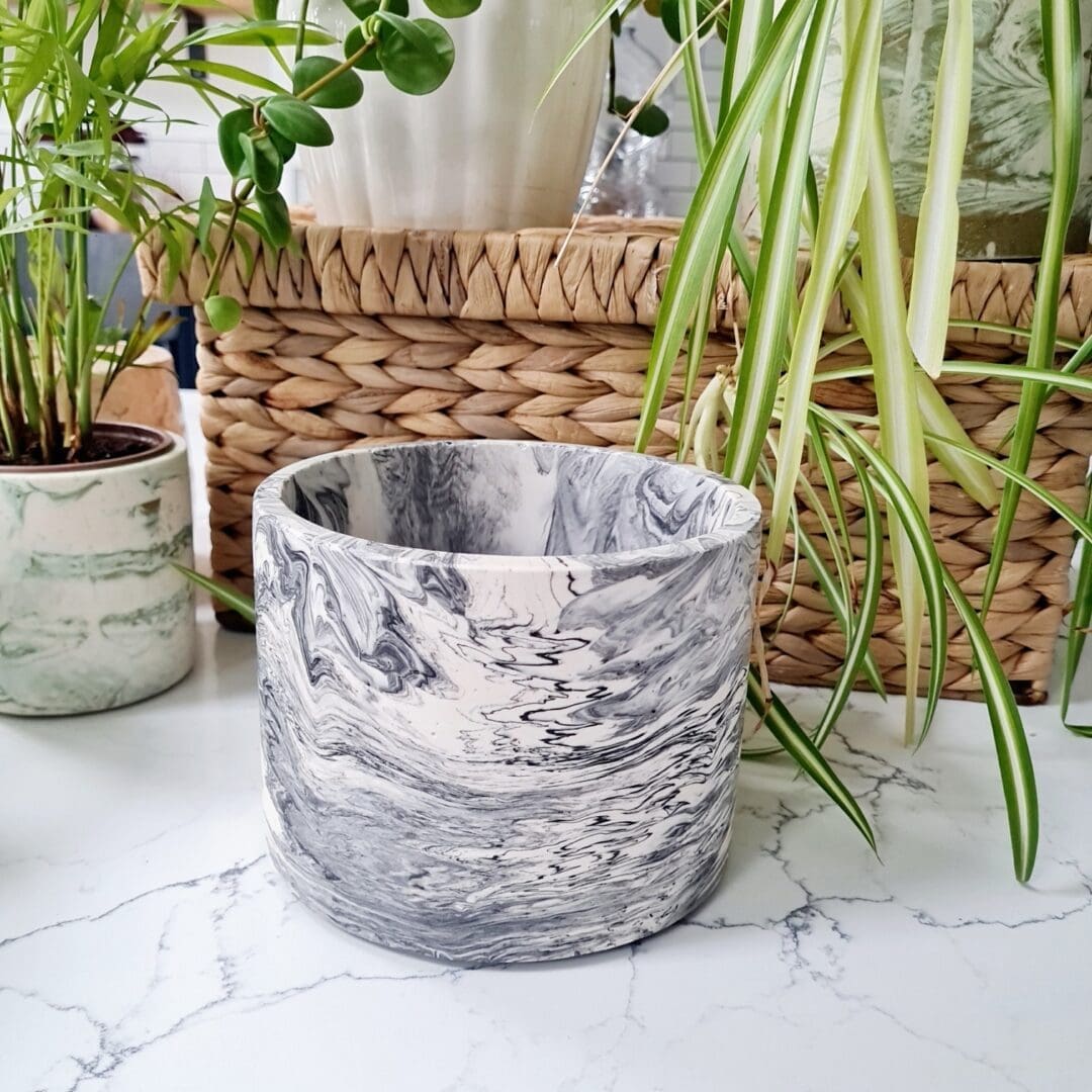Black and white marble effect indoor planter