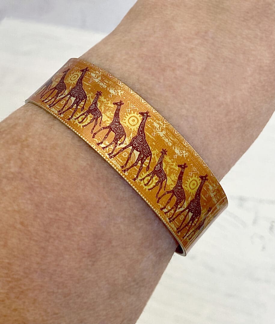 giraffe, jewellery, bracelet, bangle, wrist cuff, orange, African, animals, safari, handmade UK