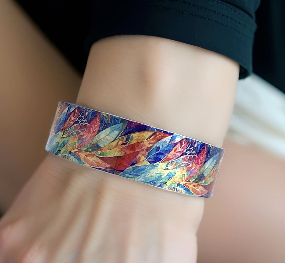 cuff bracelet, bangle, metal, aluminium, artistic, leaves, colourful, multi coloured, rainbow, handmade, uk