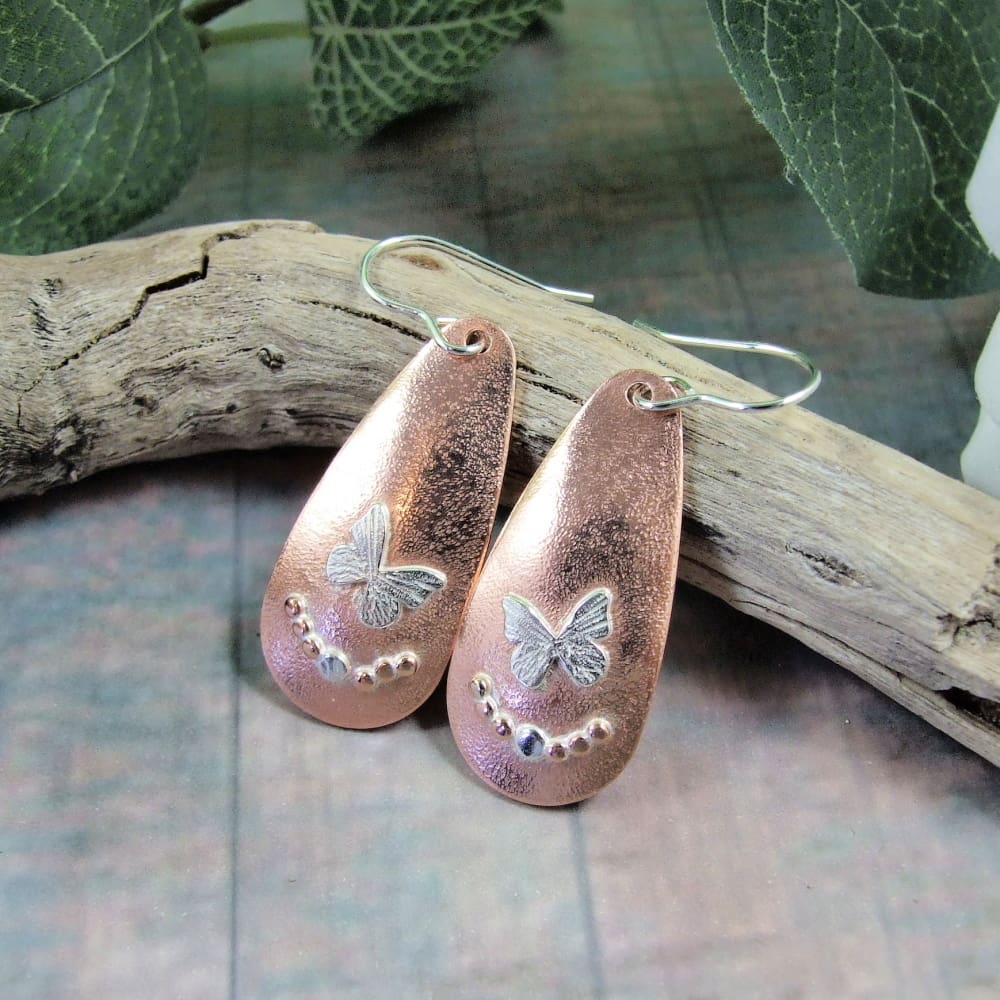 Butterfly Dropper Earrings Copper & Silver