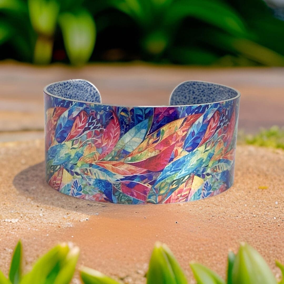 cuff bracelet, wide bangle, metal, aluminium, blue, pink, green, leaf, nature, handmade jewellery, recycled, made in uk