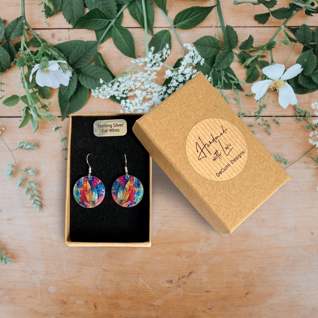 drop earrings, round, disc, metal, aluminium, multi-coloured, rainbow, leaf, nature, handmade jewellery, recycled, made in uk