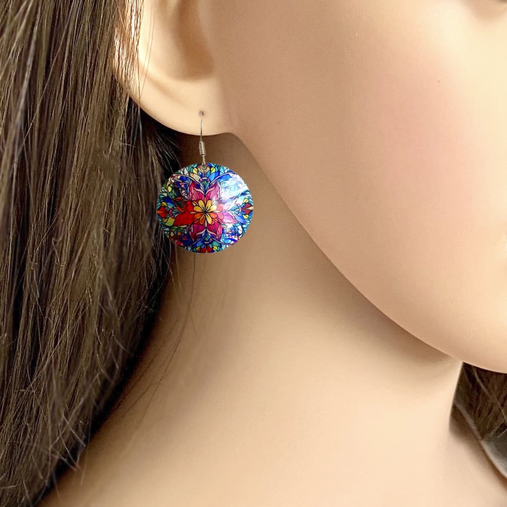 Mandala, drop earrings, jewellery, round, discs, blue, red, ethic, boho, handmade uk
