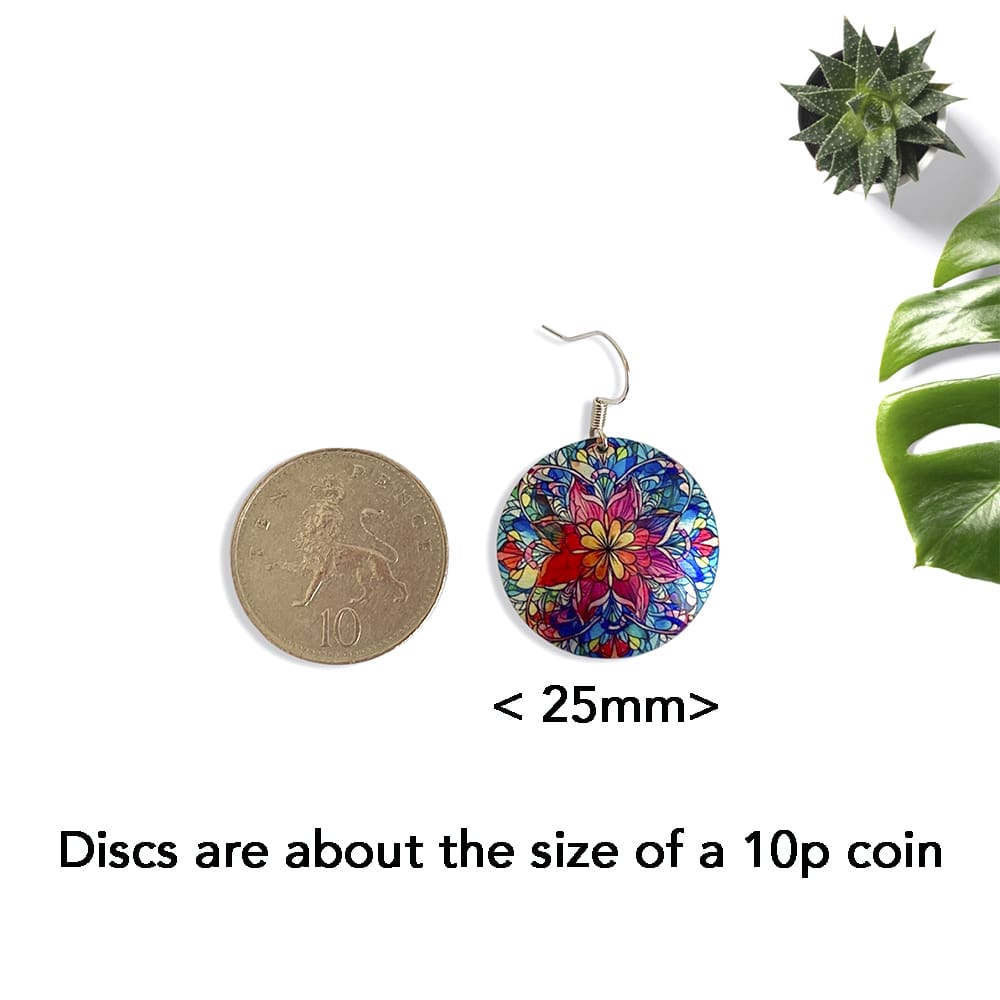 Mandala, drop earrings, jewellery, round, discs, blue, red, ethic, boho, handmade uk