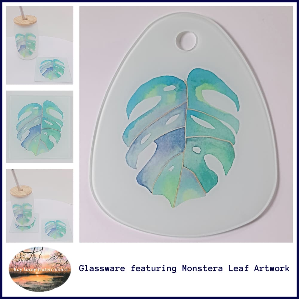 Glassware serving board, tumbler and coaster featuring Monstera Leaf artwork