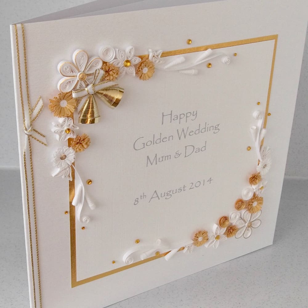 Golden 50th wedding anniversary card with quilled flowers