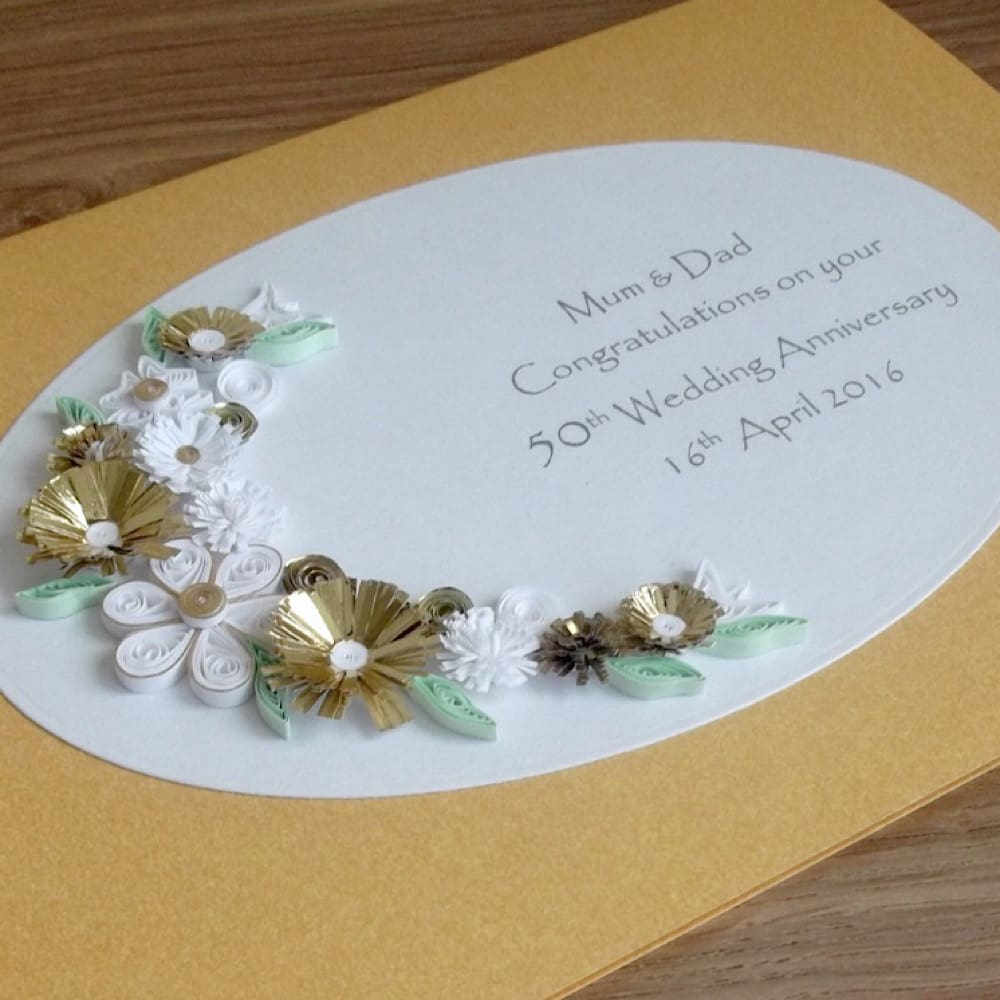 Handmade quilled golden wedding anniversary card