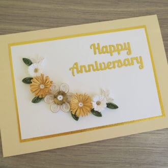 Golden wedding card, handmade with quilled flowers
