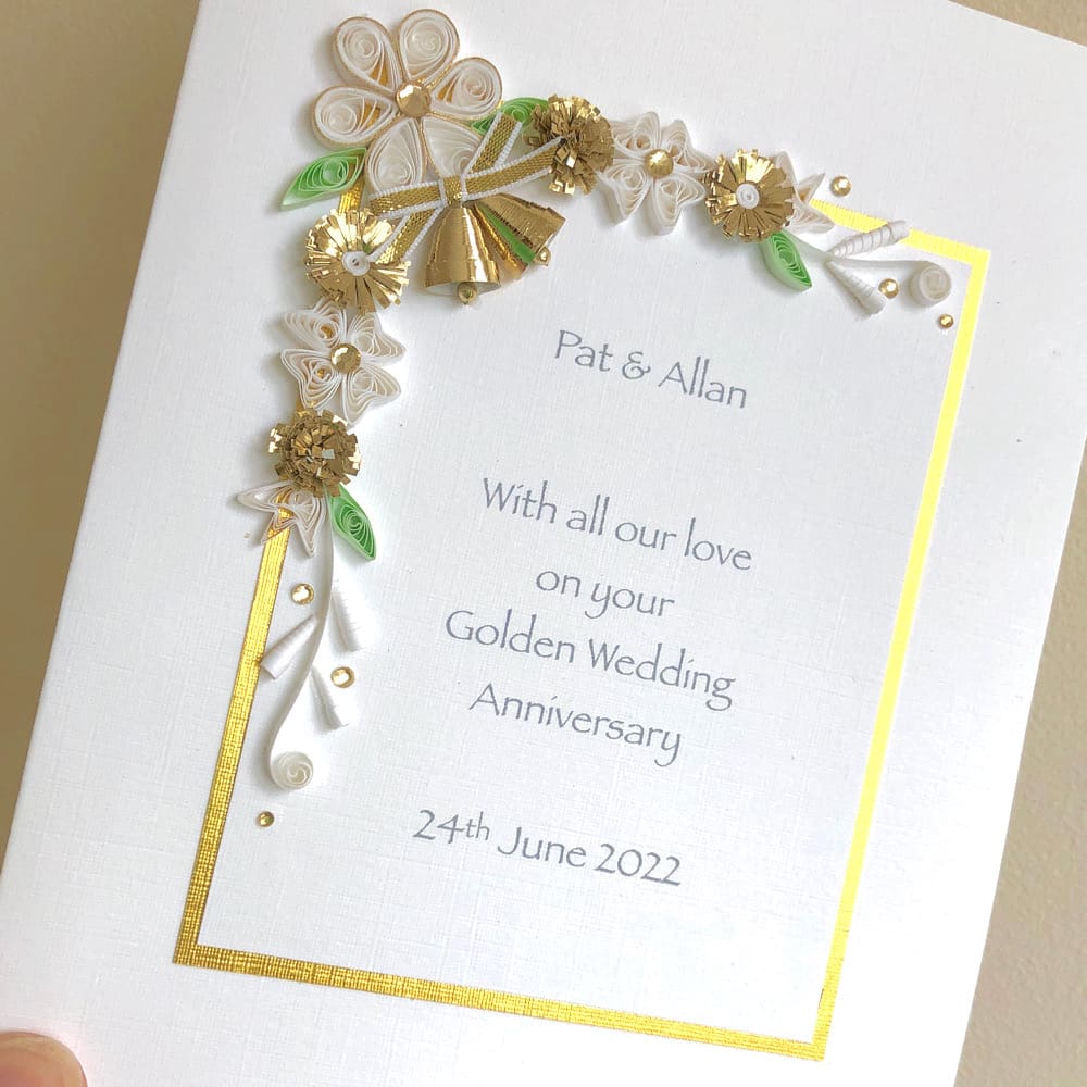 Handmade golden 50th wedding anniversary card with quilled flowers