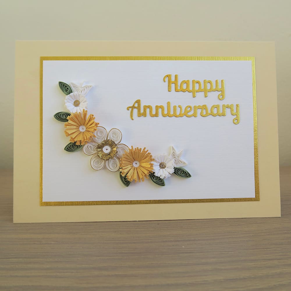 Golden wedding card, handmade with quilled flowers