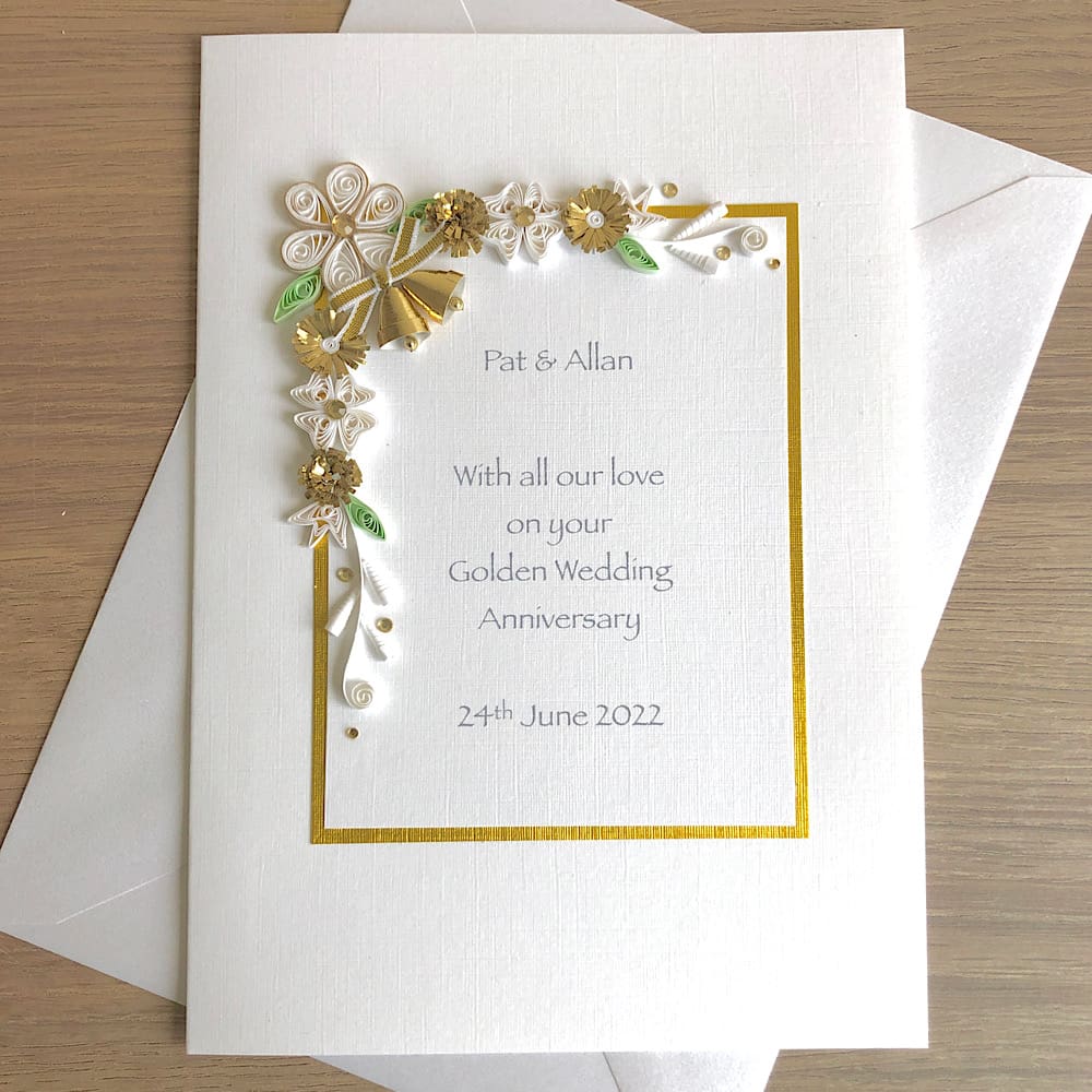 Handmade golden 50th wedding anniversary card with quilled flowers