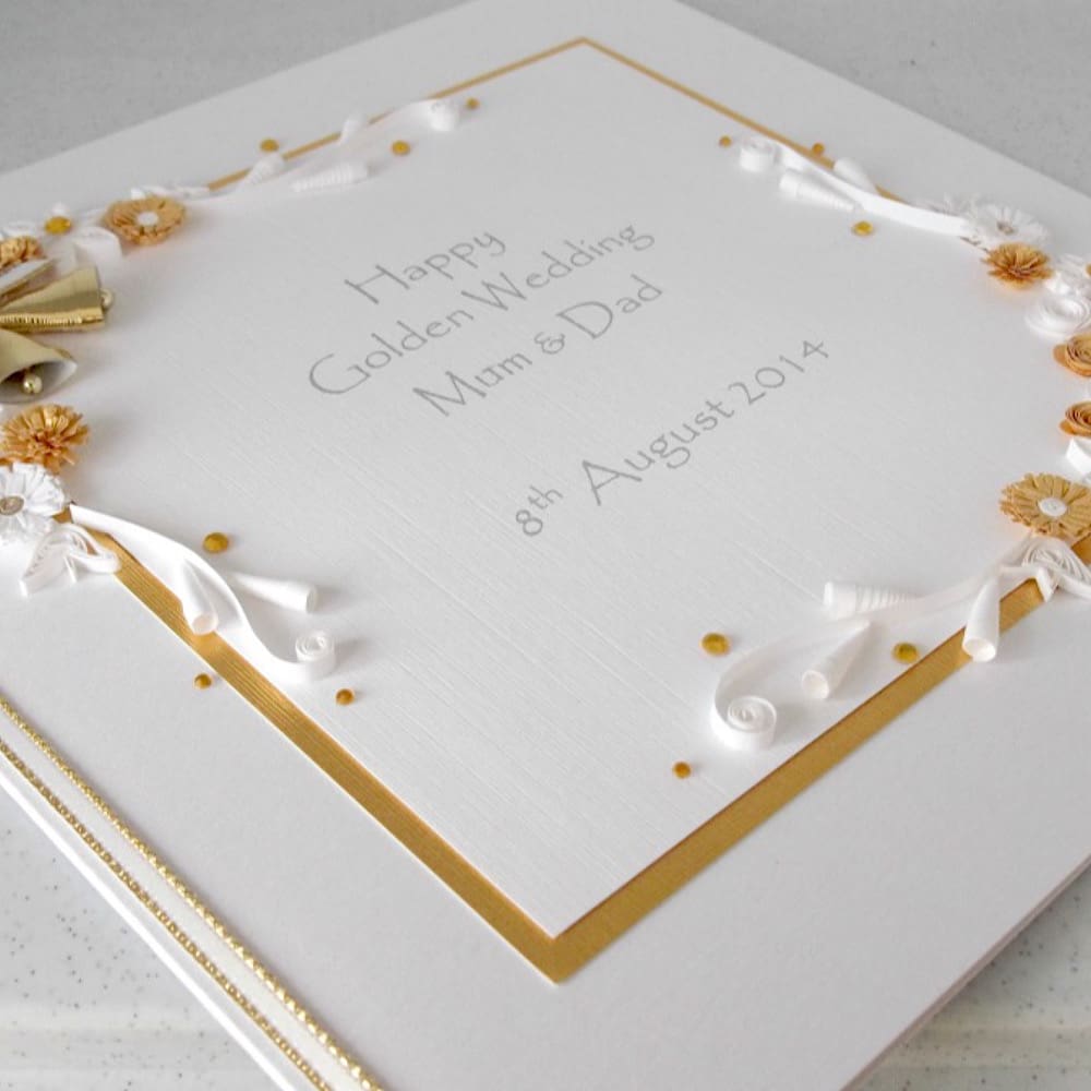 Golden 50th wedding anniversary card with quilled flowers