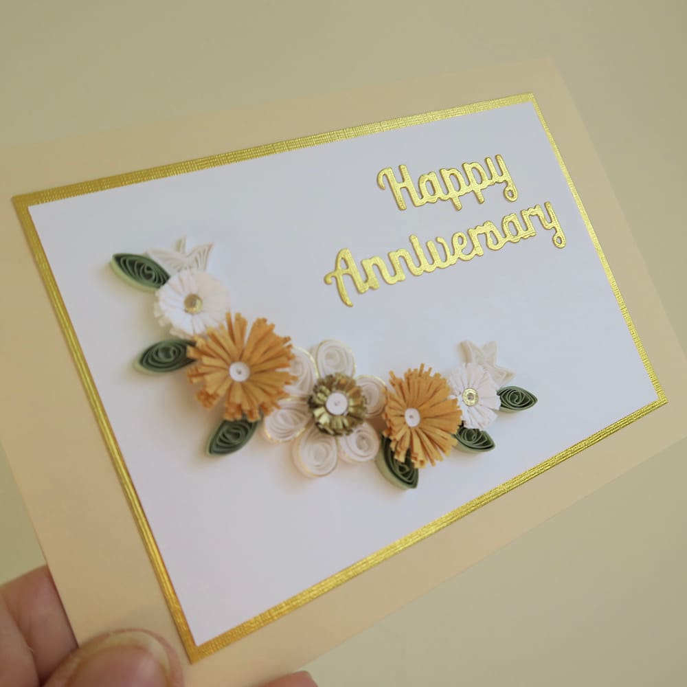 Golden wedding card, handmade with quilled flowers