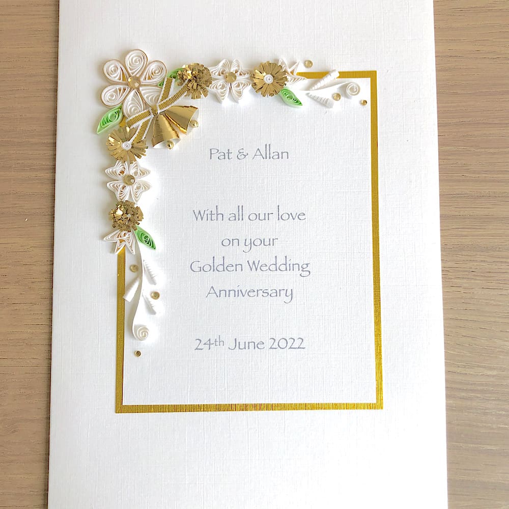 Handmade golden 50th wedding anniversary card with quilled flowers