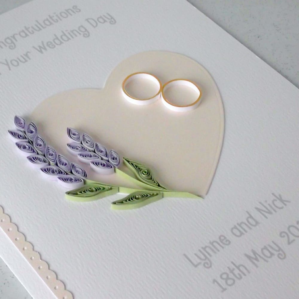 Quilled wedding card, handmade with lavender