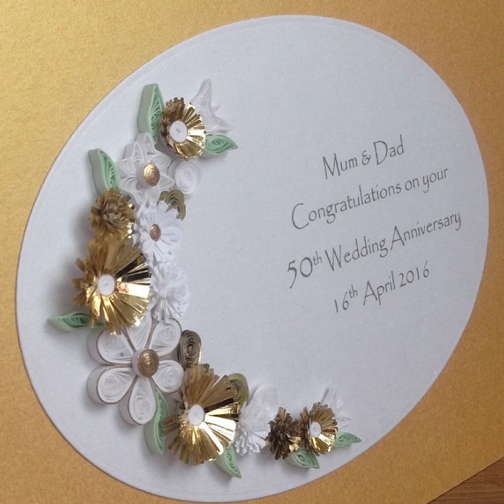 Handmade quilled golden wedding anniversary card