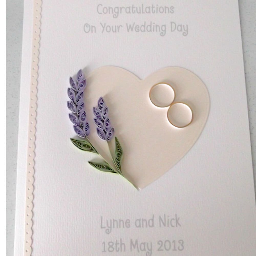 Quilled wedding card, handmade with lavender