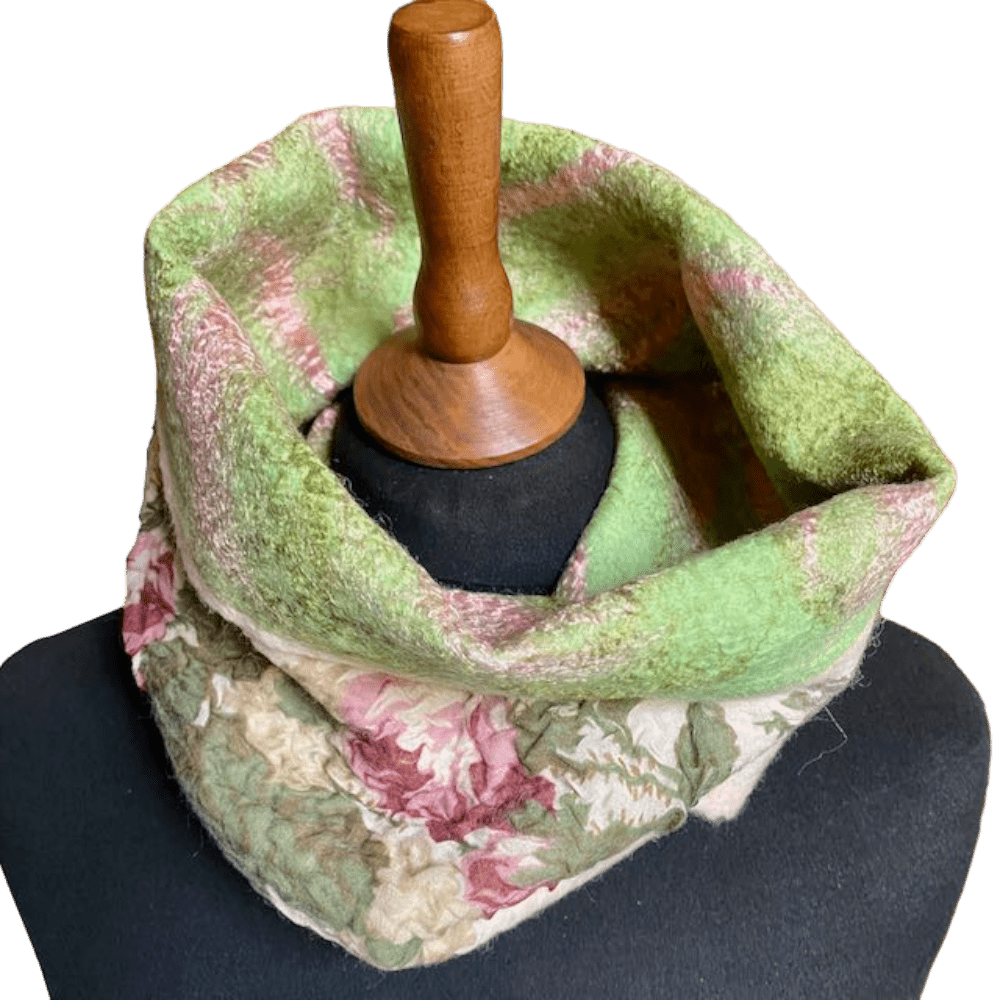 Vintage Rose neckwarmer wool and silk marian may textile art