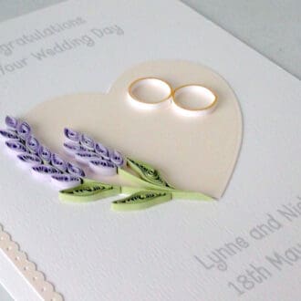 Quilled wedding card, handmade with lavender