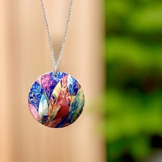 Necklace, pendant, jewellery, round, disc, metal, aluminium, multi-coloured, rainbow, leaf, nature, handmade, recycled, made in uk