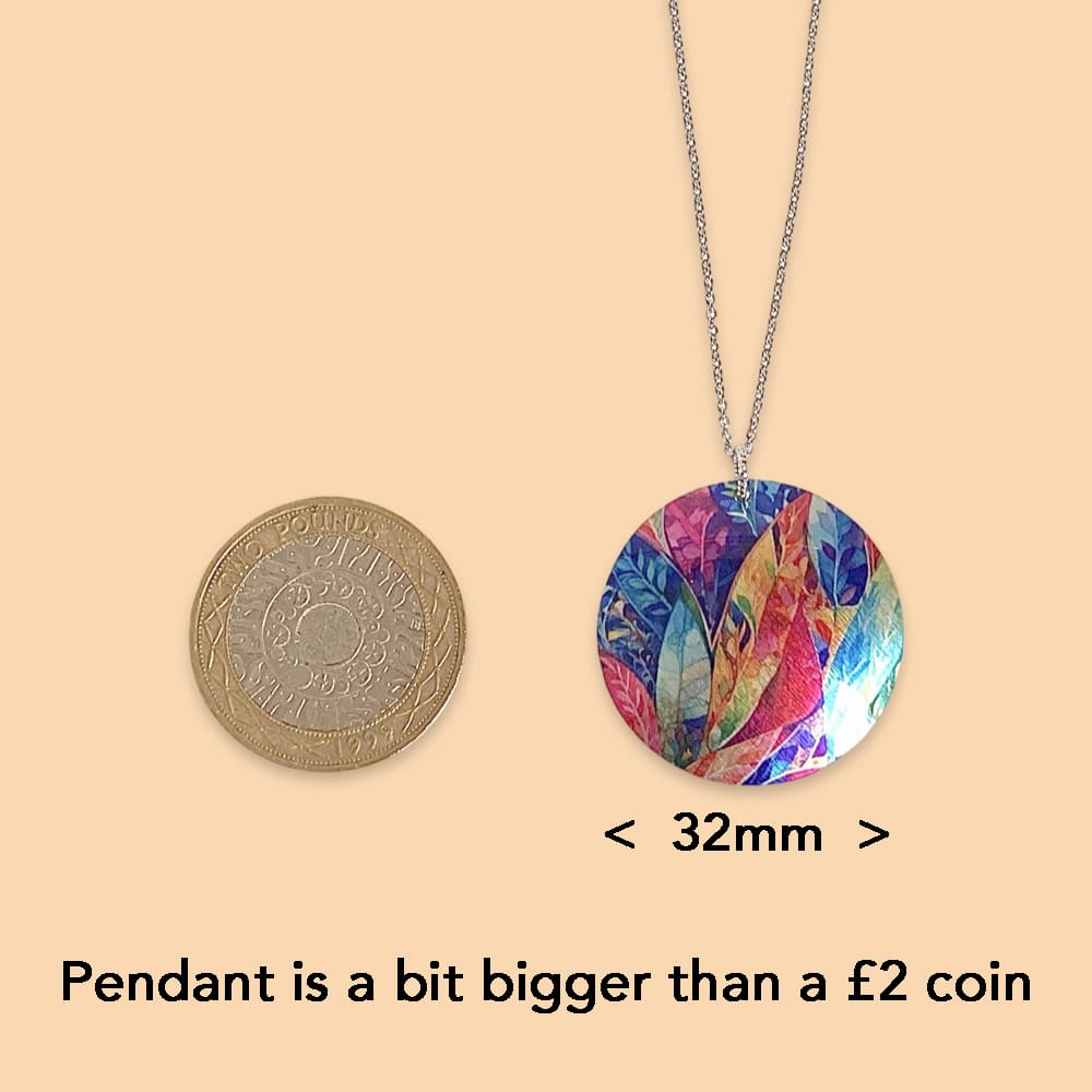 Necklace, pendant, jewellery, round, disc, metal, aluminium, multi-coloured, rainbow, leaf, nature, handmade, recycled, made in uk