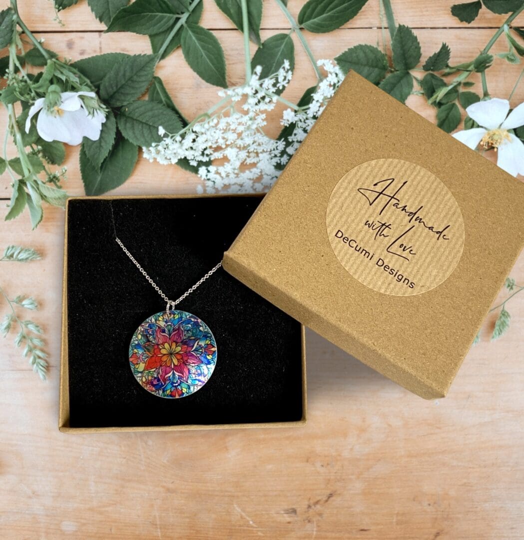 Mandala, necklace, pendant, jewellery, blue, red, ethic, boho, handmade uk