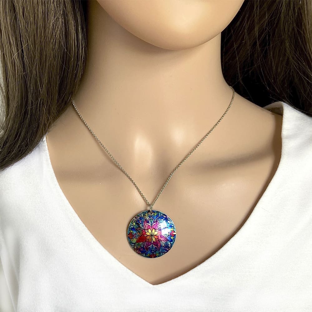 Mandala, necklace, pendant, jewellery, blue, red, ethic, boho, handmade uk
