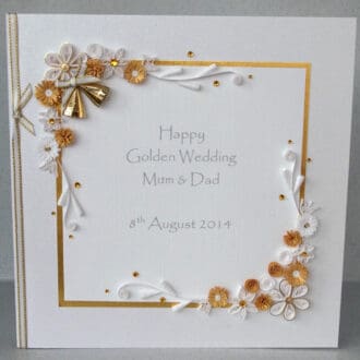 Golden 50th wedding anniversary card with quilled flowers