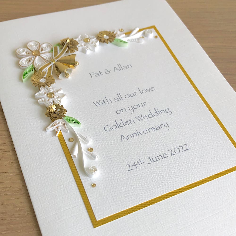 Handmade golden 50th wedding anniversary card with quilled flowers