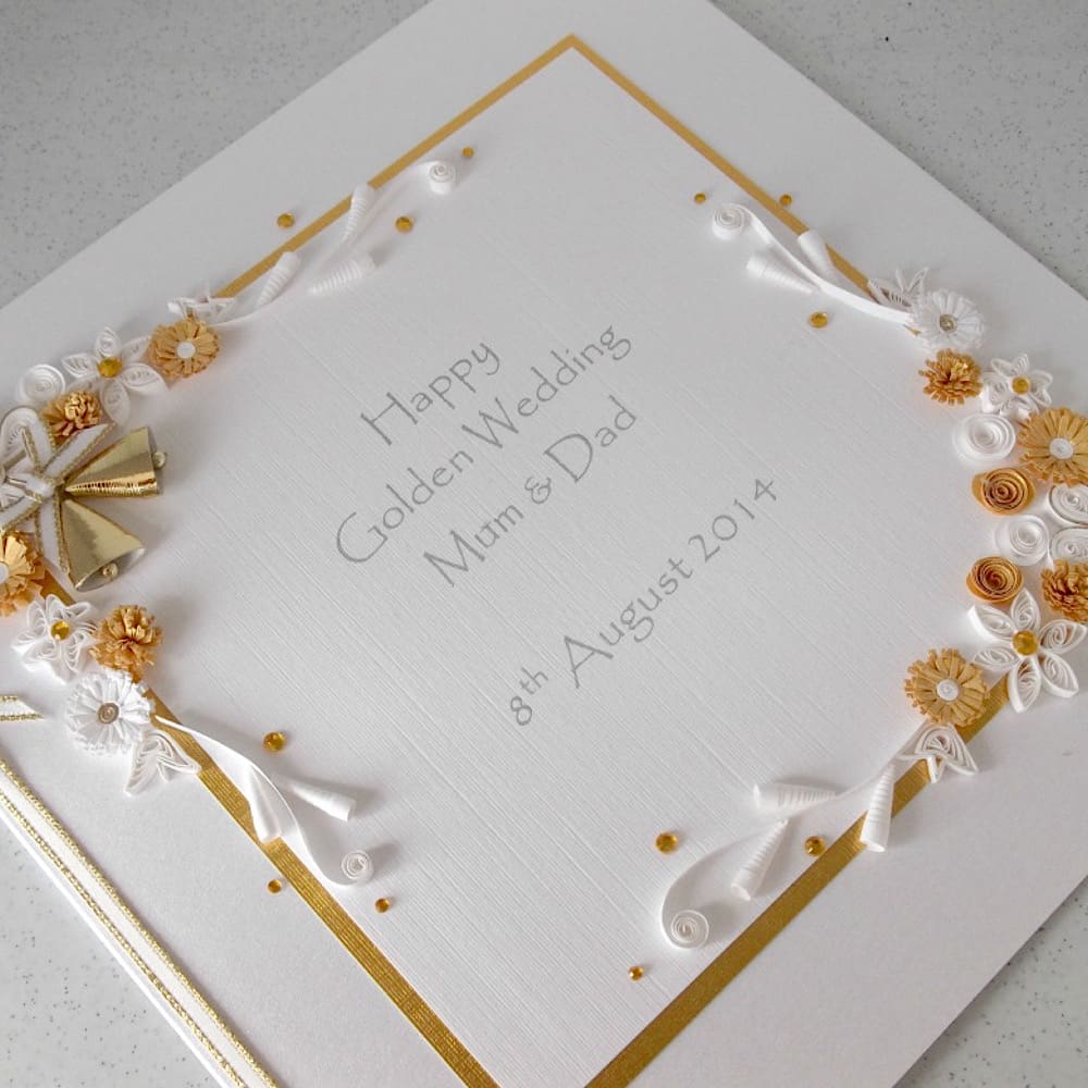 Golden 50th wedding anniversary card with quilled flowers