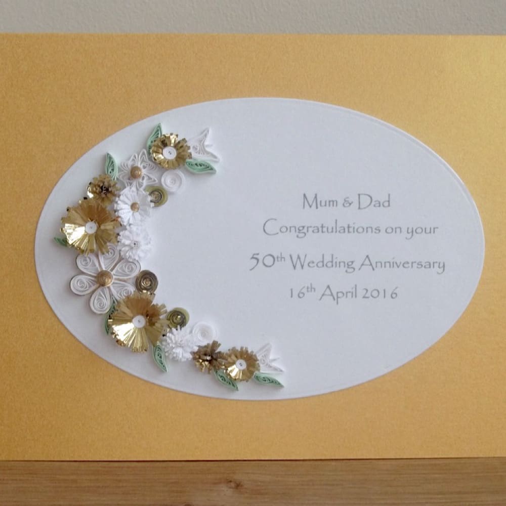 Handmade quilled golden wedding anniversary card