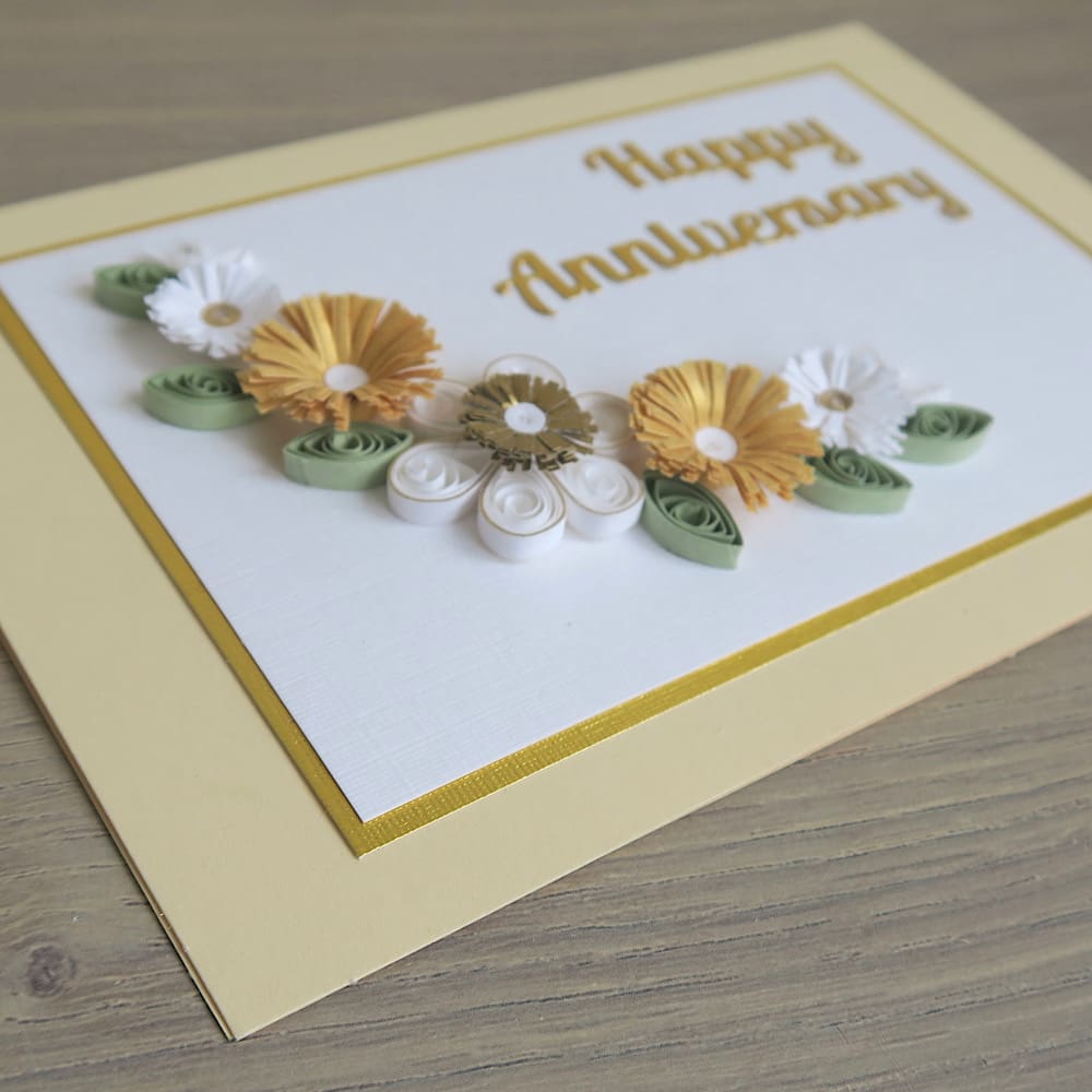 Golden wedding card, handmade with quilled flowers