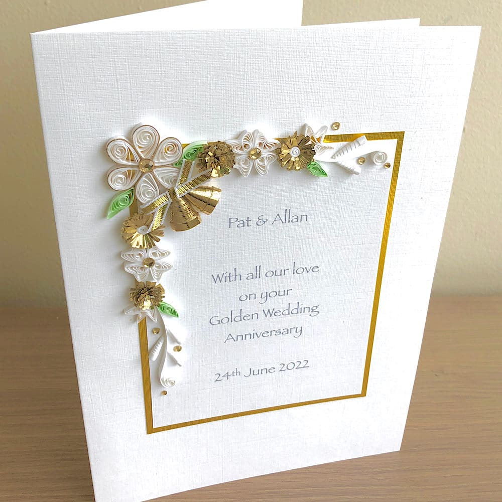 Handmade golden 50th wedding anniversary card with quilled flowers