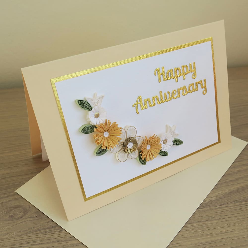 Golden wedding card, handmade with quilled flowers