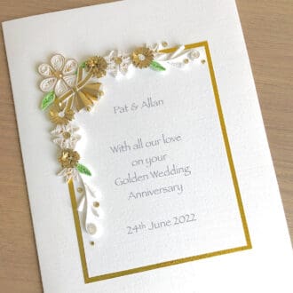 Handmade golden 50th wedding anniversary card with quilled flowers