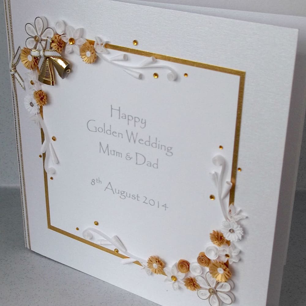 Golden 50th wedding anniversary card with quilled flowers