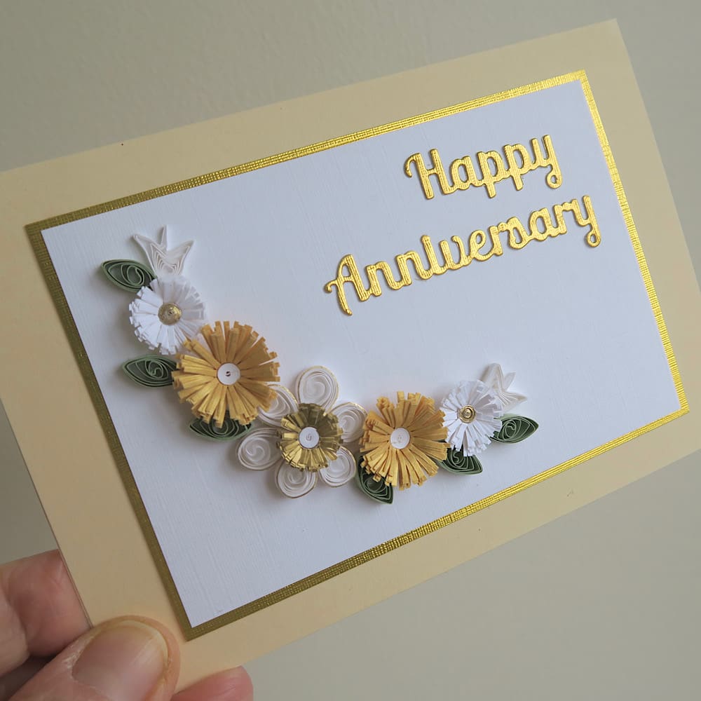 Golden wedding card, handmade with quilled flowers