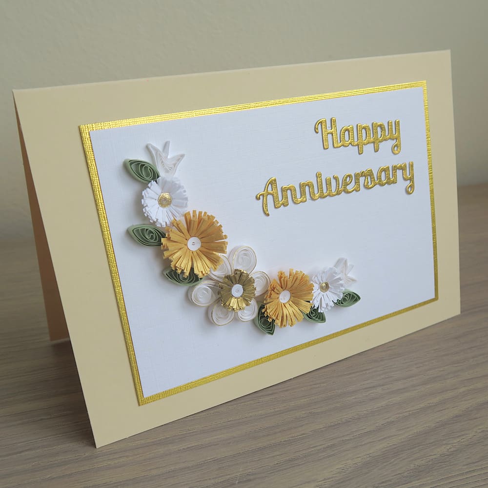 Golden wedding card, handmade with quilled flowers