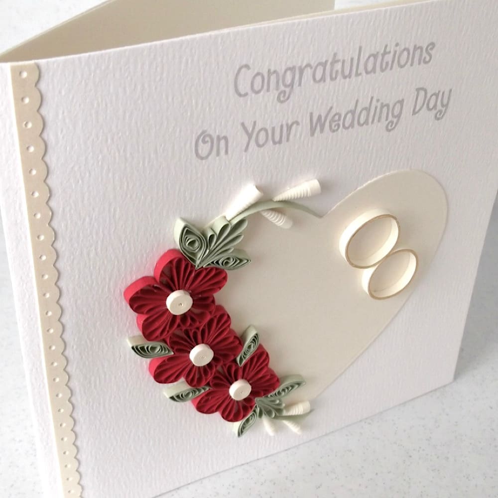 Handmade wedding congratulations card with quilled flowers