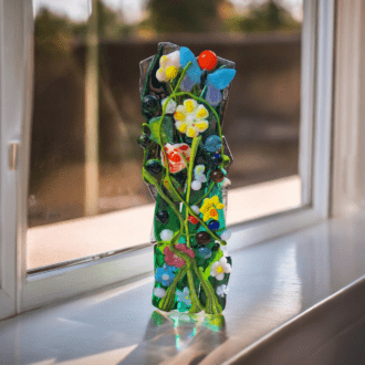 "Handmade fused glass candle holder with vibrant floral designs in various colours, featuring detailed flowers and leaves, standing on a windowsill illuminated by natural light."