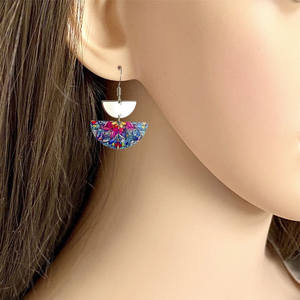 Mandala, drop earrings, jewellery, half circle,, blue, red, ethic, boho, handmade uk