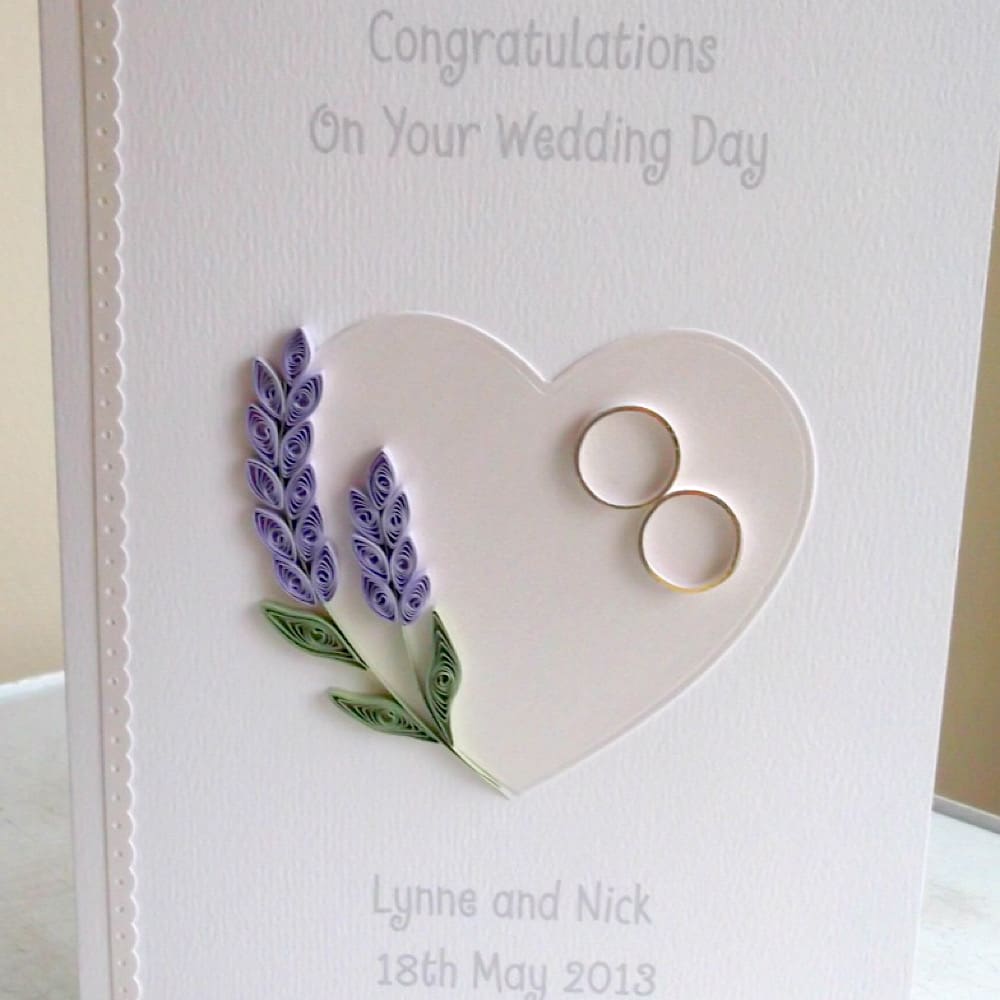 Quilled wedding card, handmade with lavender