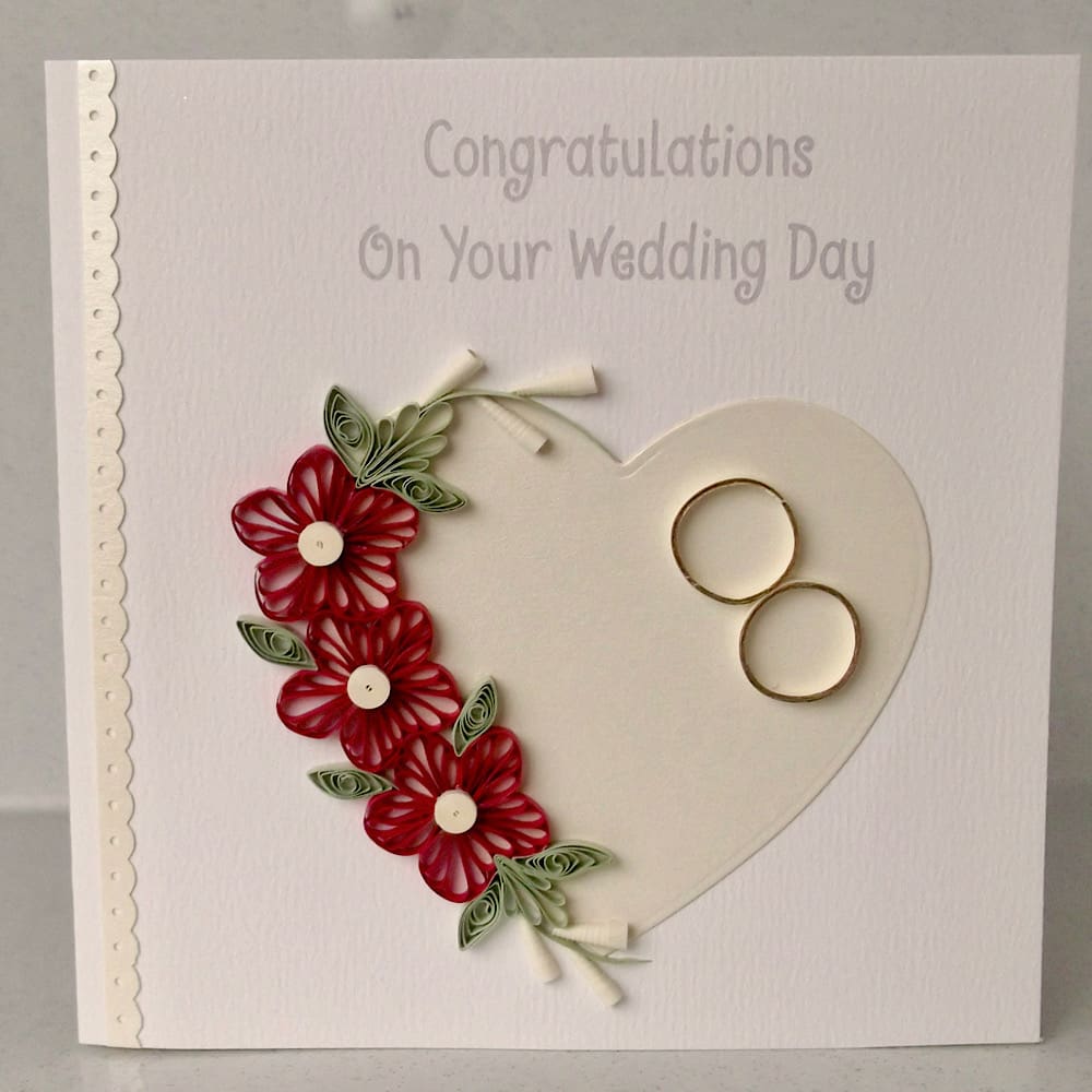 Handmade wedding congratulations card with quilled flowers