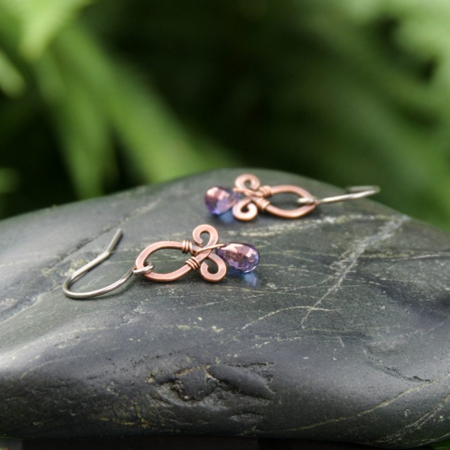 Copper drop earrings with purple glass beads by Oruki Design